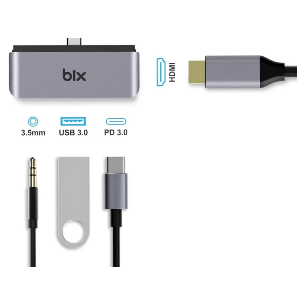 Bix 4K HDMI Type-C Thunderbolt 3.0 Dönüştürücü Hub Macbook USB 3.5mm AUX