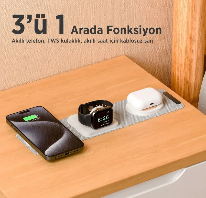 Bix BXMW6 3’ü 1 Arada Wireless Şarj Ünitesi Beyaz iPhone Airpods ve Apple Watch