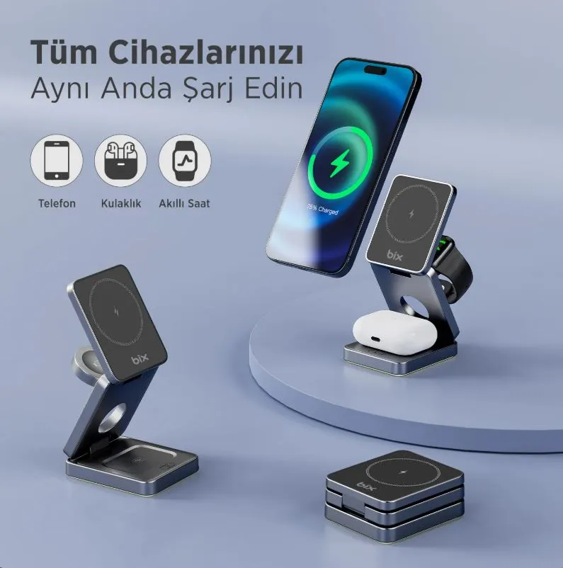 Bix BXMW7 3’ü 1 Arada 15W Katlanabilir Manyetik Kablosuz Şarj Cihazı