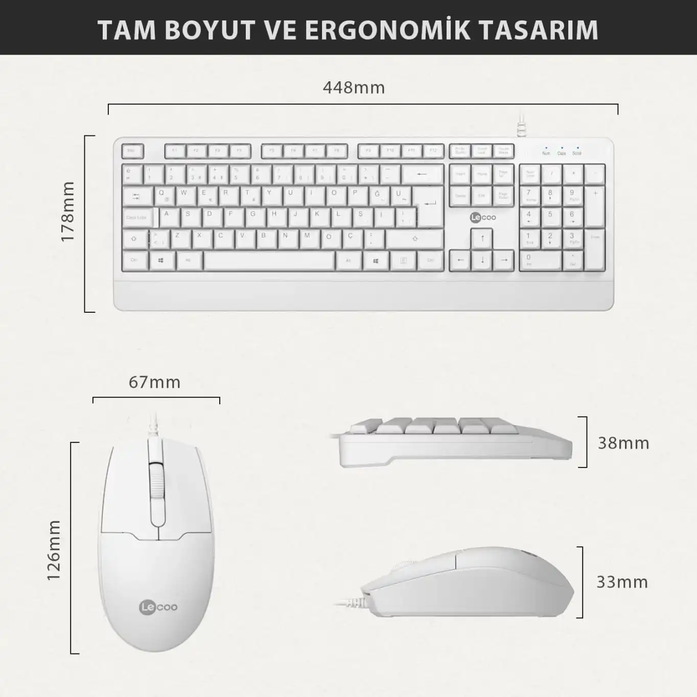 Lenovo Lecoo CM106 USB Kablolu Türkçe Q Klavye & Mouse Set Beyaz