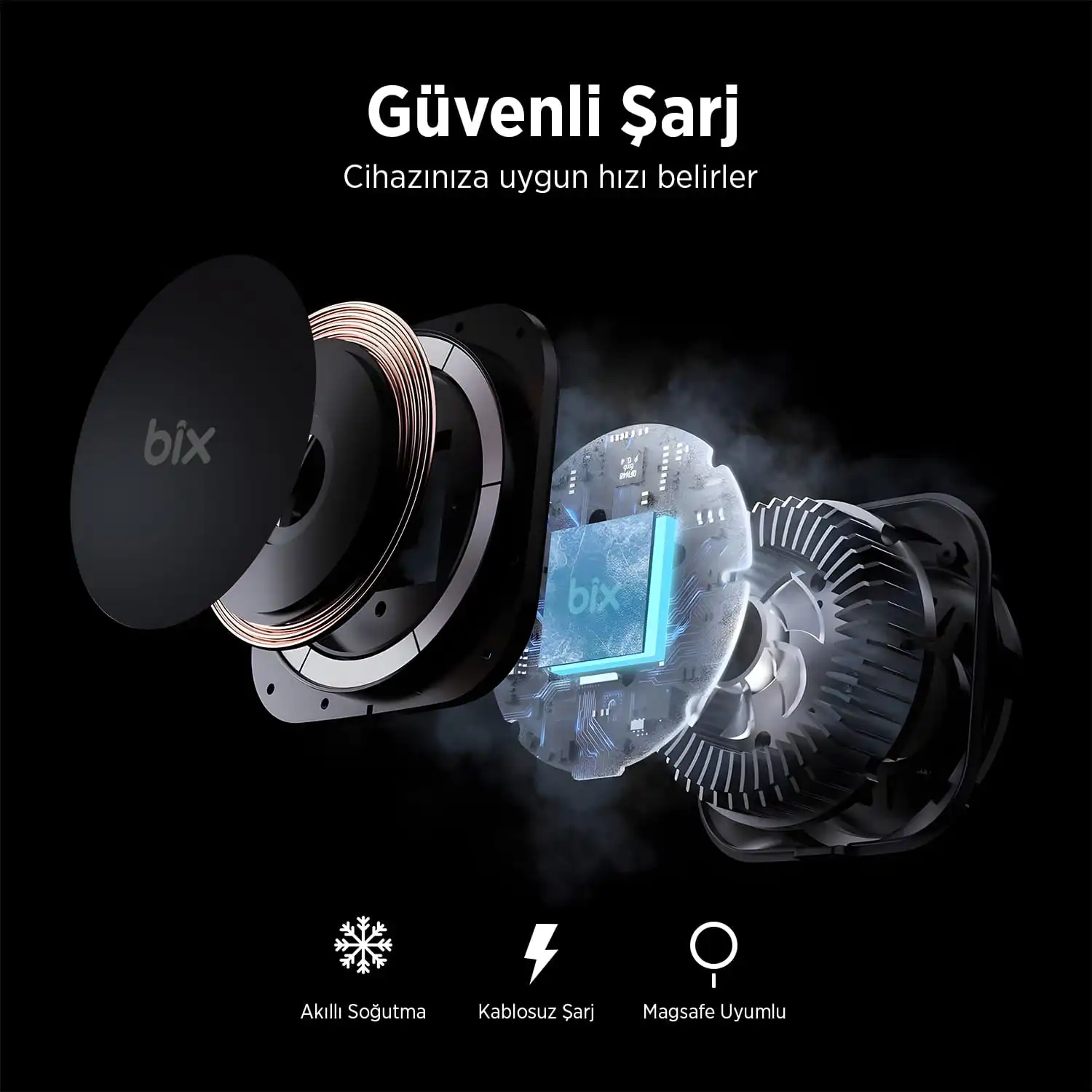 Bix BXCH10 Kablosuz Şarj Manyetik Araç İçi Telefon Tutucu Gri
