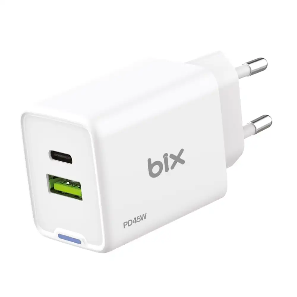 Bix GaN PD 45W Type-C ve USB-A QC 18W Çift Portlu Akım Korumalı Hızlı Şarj