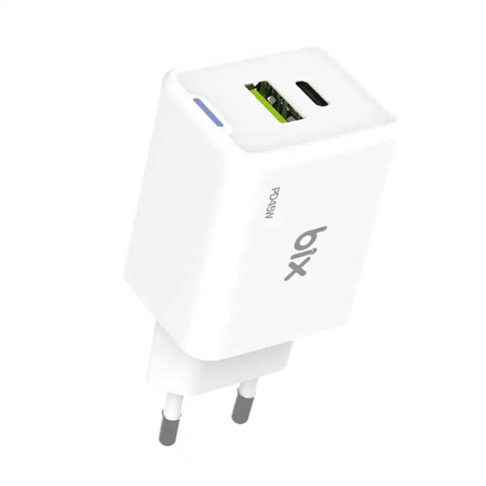 Bix GaN PD 45W Type-C ve USB-A QC 18W Çift Portlu Akım Korumalı Hızlı Şarj