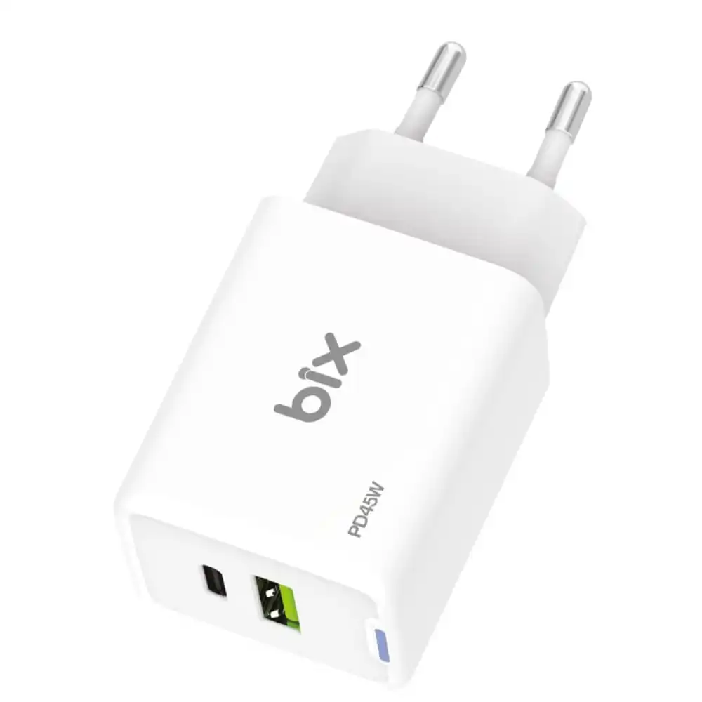 Bix GaN PD 45W Type-C ve USB-A QC 18W Çift Portlu Akım Korumalı Hızlı Şarj