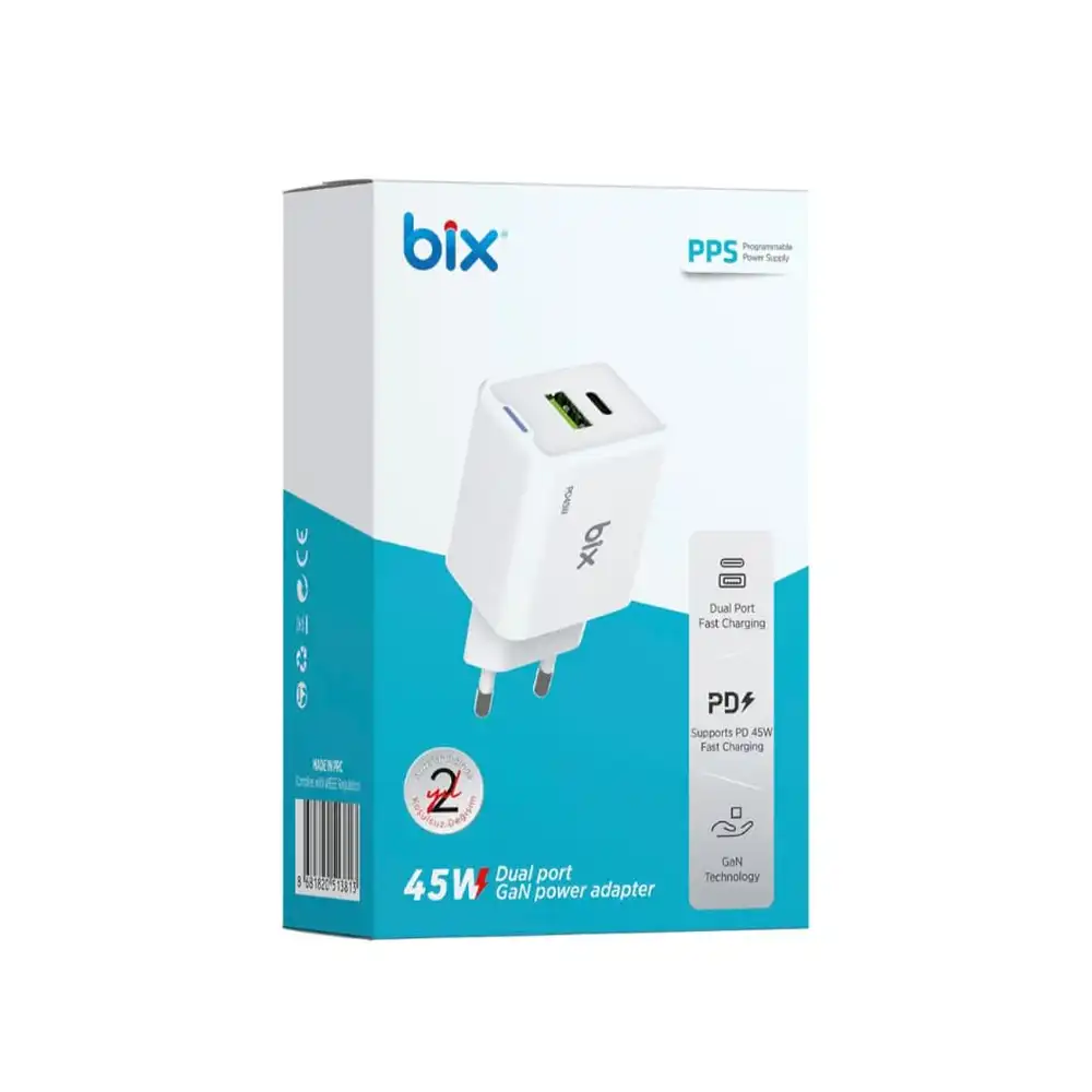 Bix GaN PD 45W Type-C ve USB-A QC 18W Çift Portlu Akım Korumalı Hızlı Şarj