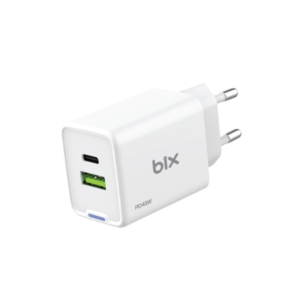 Bix GaN PD 45W Type-C ve USB-A QC 18W Çift Portlu Akım Korumalı Hızlı Şarj