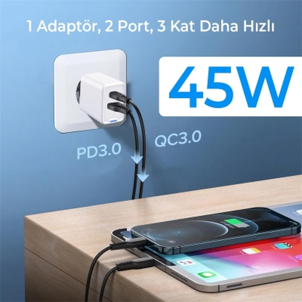 Bix GaN PD 45W Type-C ve USB-A QC 18W Çift Portlu Akım Korumalı Hızlı Şarj