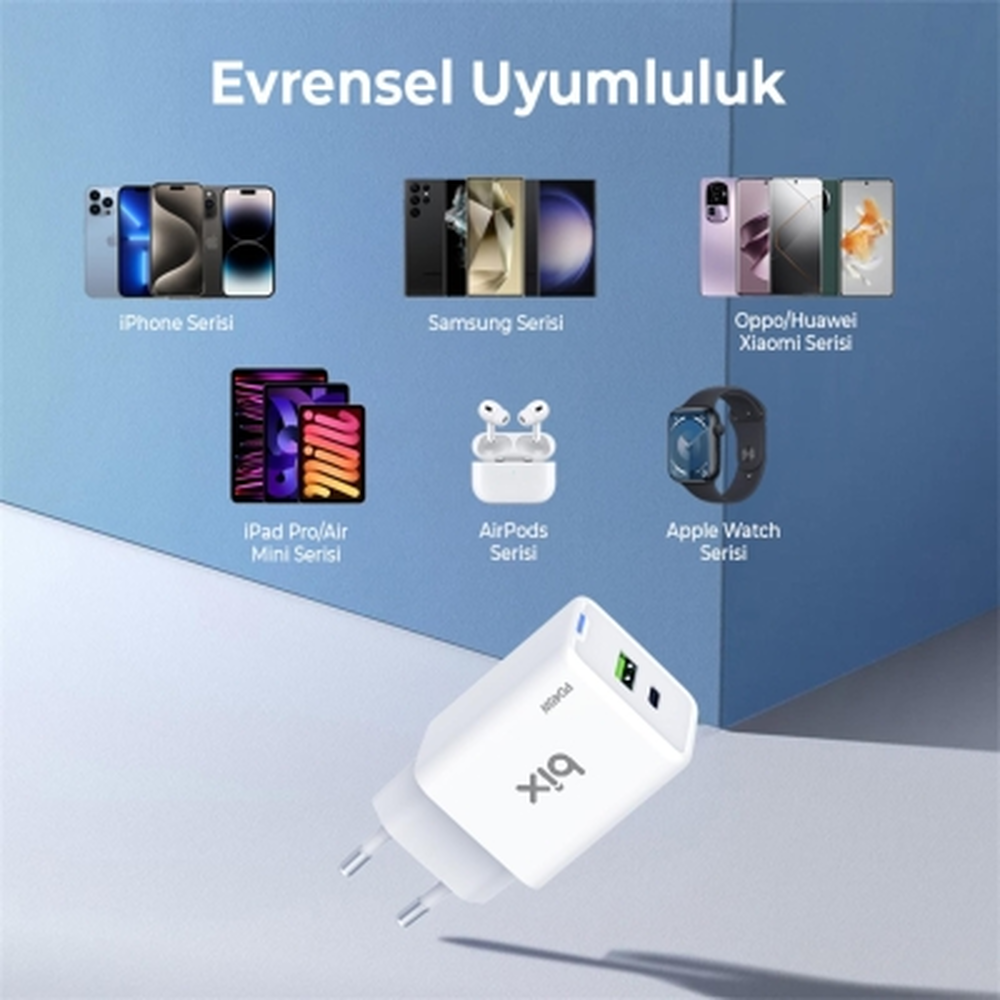 Bix GaN PD 45W Type-C ve USB-A QC 18W Çift Portlu Akım Korumalı Hızlı Şarj