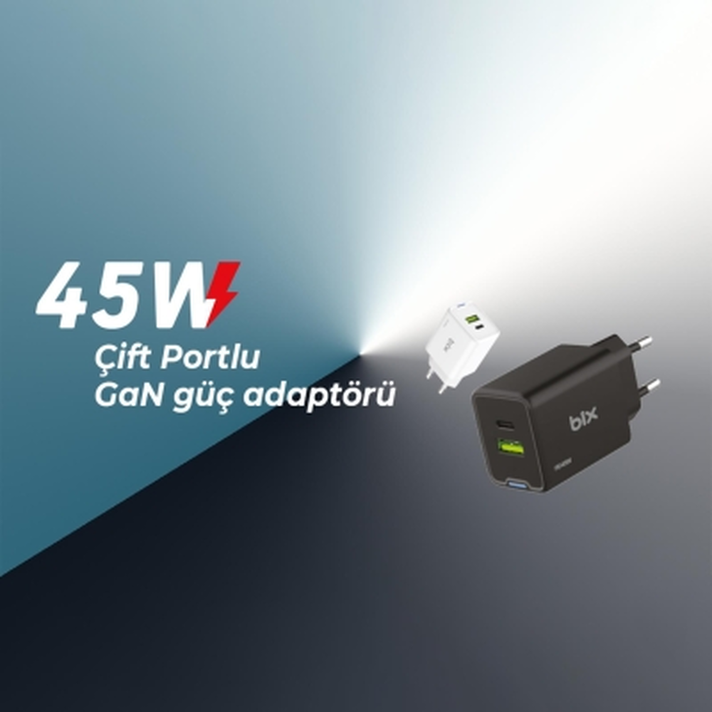 Bix GaN PD 45W Type-C ve USB-A QC 18W Çift Portlu Akım Korumalı Hızlı Şarj