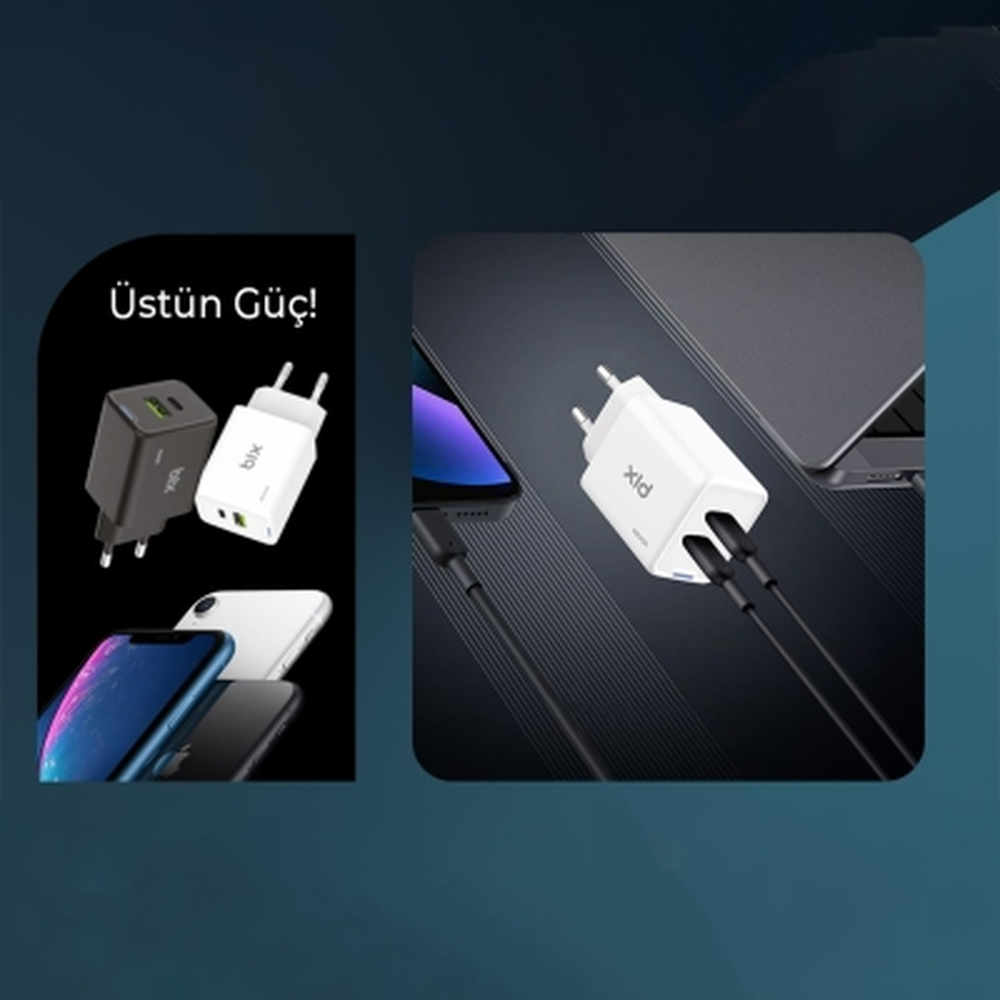 Bix GaN PD 45W Type-C ve USB-A QC 18W Çift Portlu Akım Korumalı Hızlı Şarj