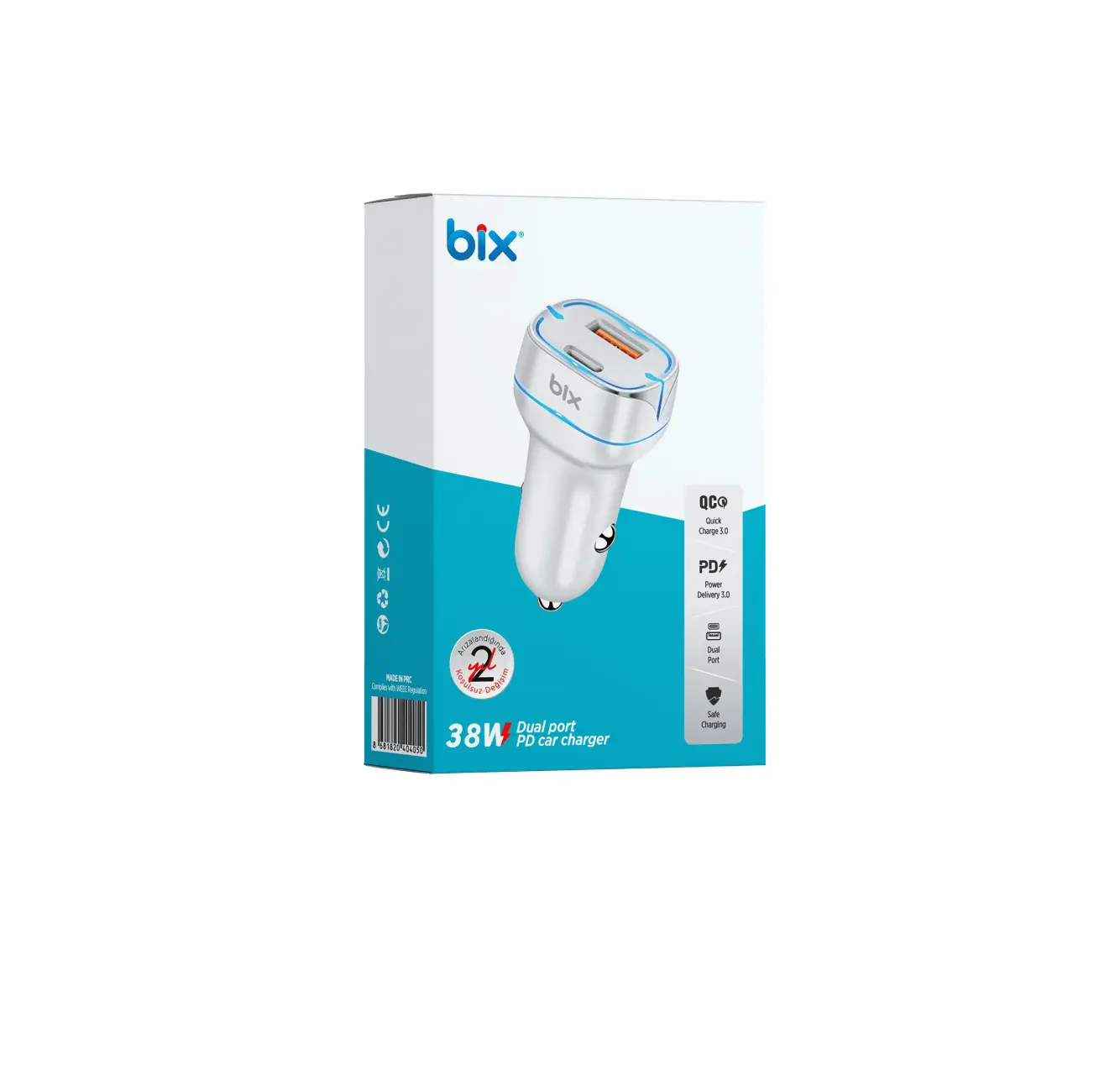 Bix 38W Type-C 20W USB-A QC 3.0 18W Çift Portlu LED Işıklı Şarj Cihazı