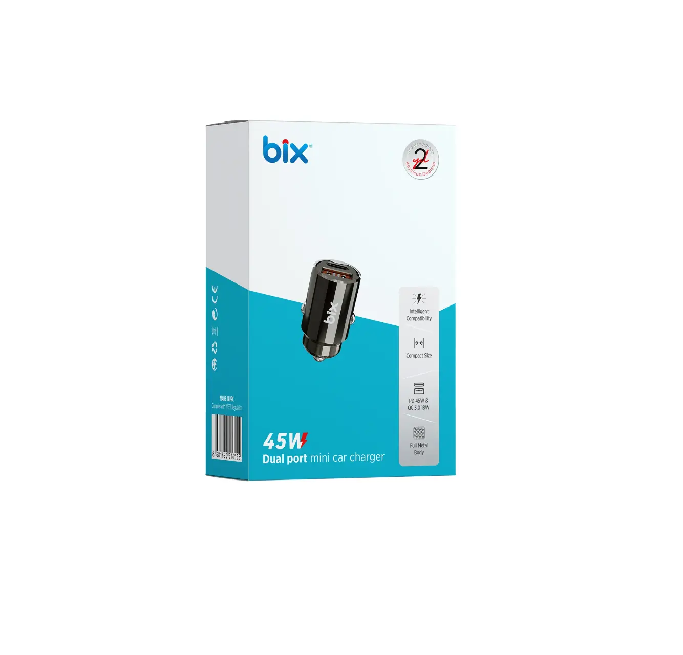 Bix 45W Type-C ve USB-A QC 3.0 18W İki Çıkışlı Metal Araç Şarj