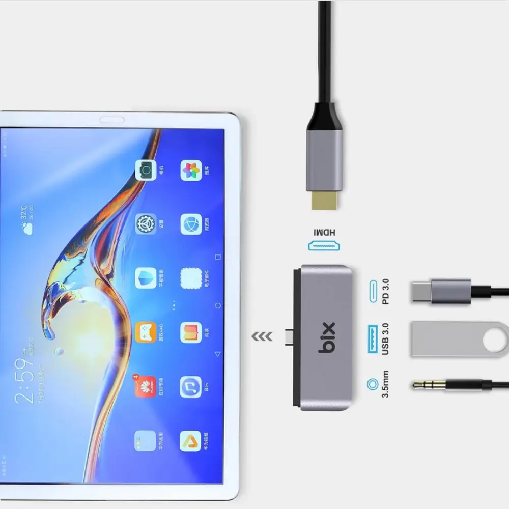 Bix 4K HDMI Type-C Thunderbolt 3.0 Dönüştürücü Hub Macbook USB 3.5mm AUX