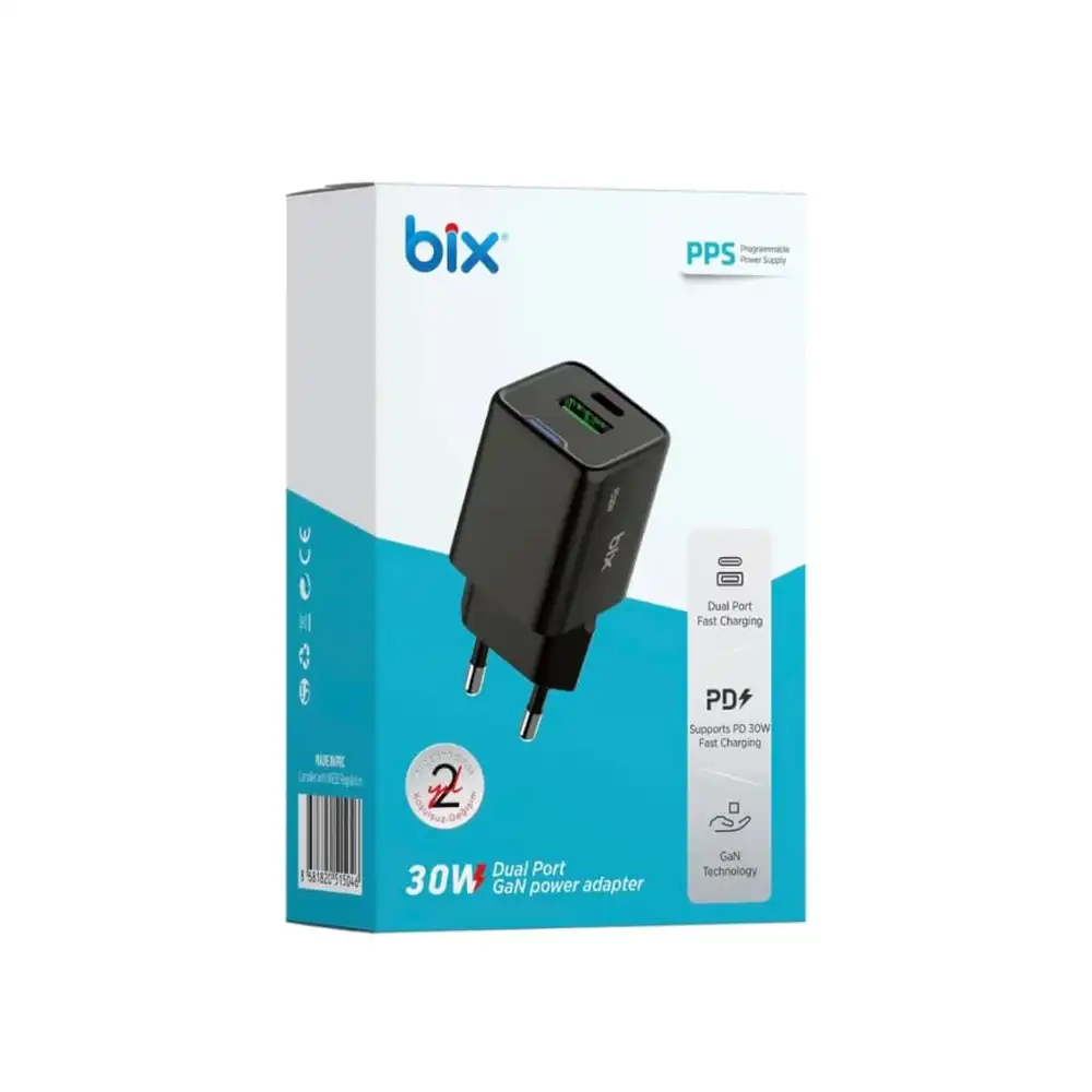 Bix BX2P30G GaN PD 30W Type-C ve USB-A QC 18W Çift Portlu Mini Hızlı