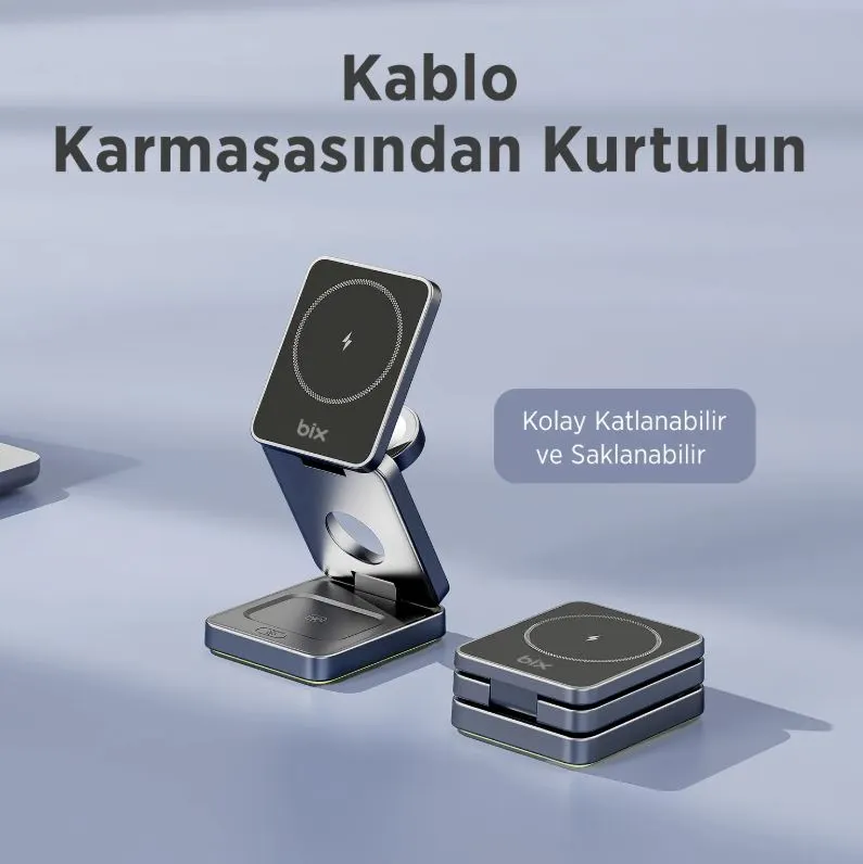 Bix BXMW7 3’ü 1 Arada 15W Katlanabilir Manyetik Kablosuz Şarj Cihazı