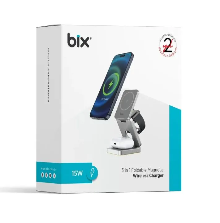 Bix BXMW7 3’ü 1 Arada 15W Katlanabilir Manyetik Kablosuz Şarj Cihazı