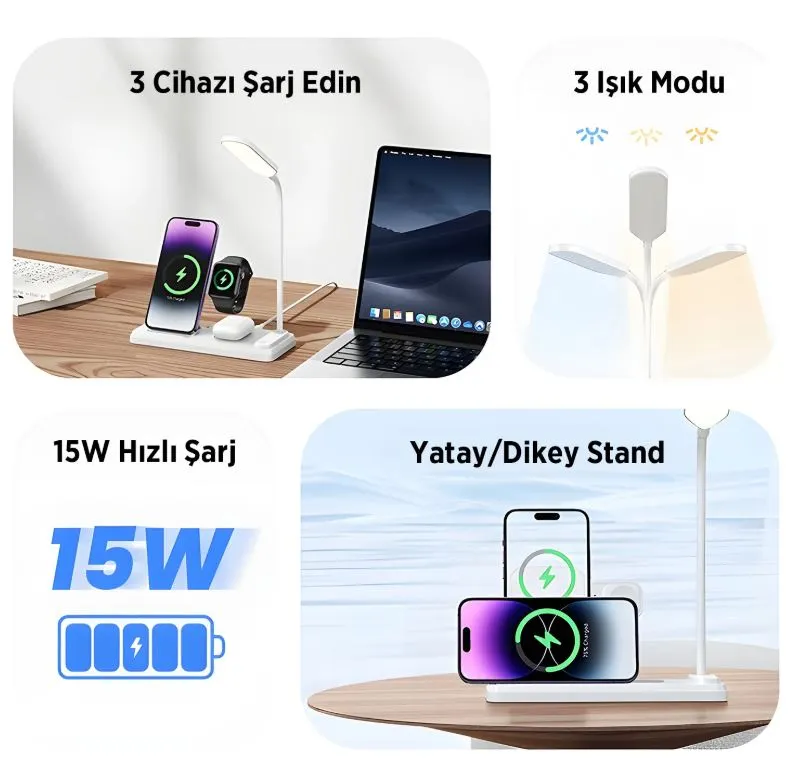Bix BXMW8 Kablosuz Şarj Standı 3’ü 1 Arada Akıllı Telefon, Akıllı Saat ve TWS