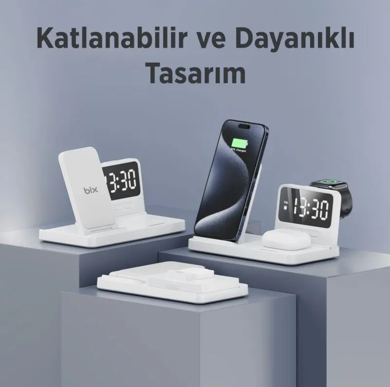 Bix BXMW4 Alarmlı Saat Özellikli 15W Çok Fonksiyonlu Kablosuz Şarj Standı