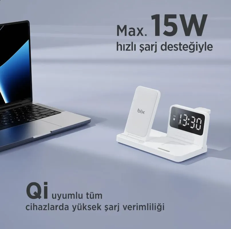 Bix BXMW4 Alarmlı Saat Özellikli 15W Çok Fonksiyonlu Kablosuz Şarj Standı