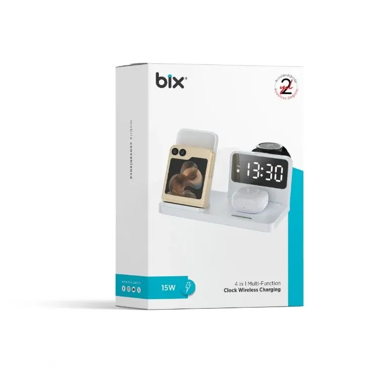 Bix BXMW4 Alarmlı Saat Özellikli 15W Çok Fonksiyonlu Kablosuz Şarj Standı